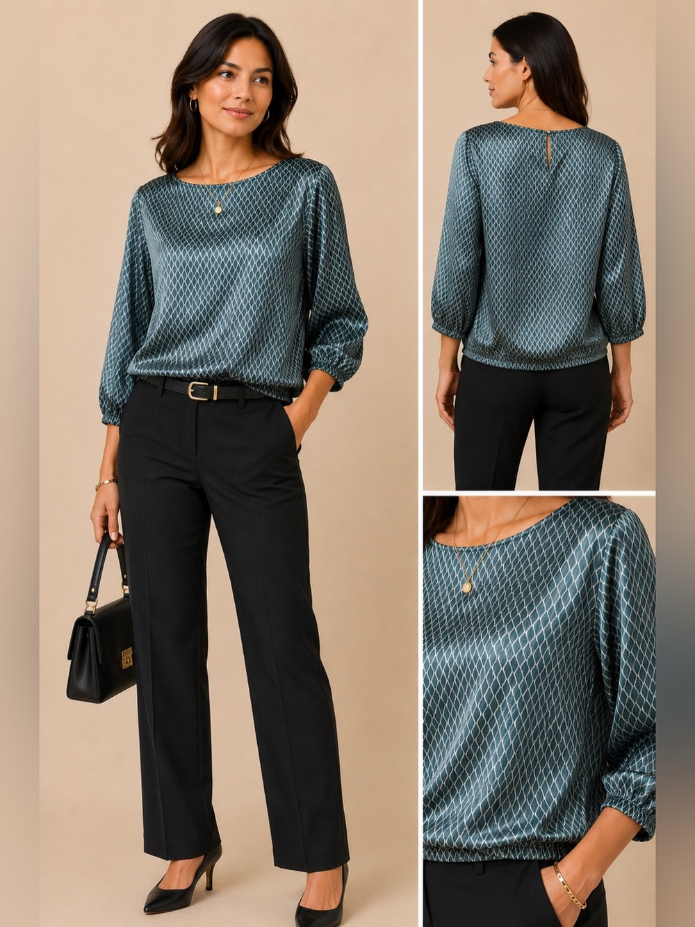 Women's Satin Blue Patterned Top